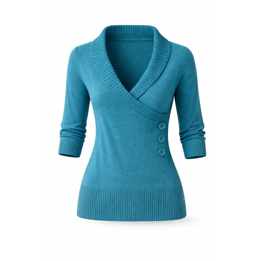 IZ BYER TEAL 3/4 sleeves button detail V-Neck sweater New | size Small